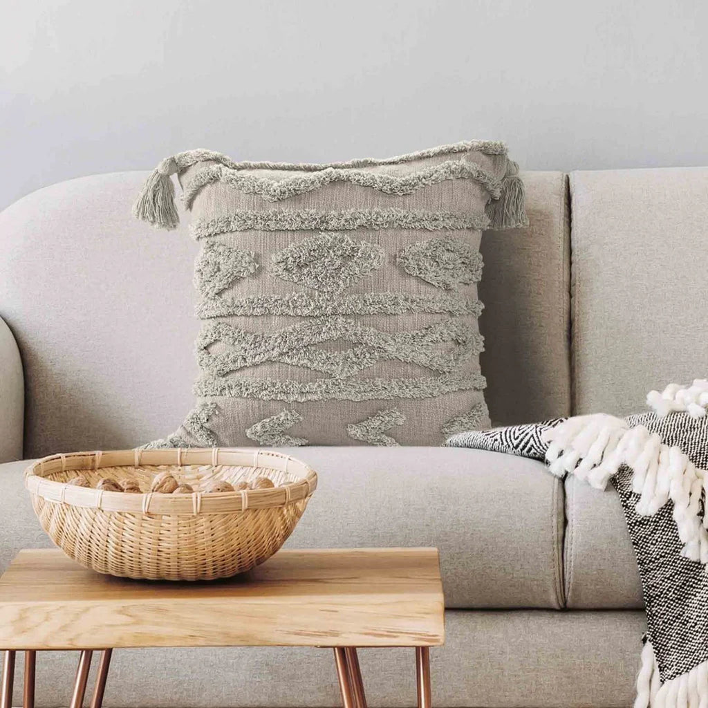 Grey Cushion Cover with Tassels | 40x40cm | Tufted Cotton | Boho Style